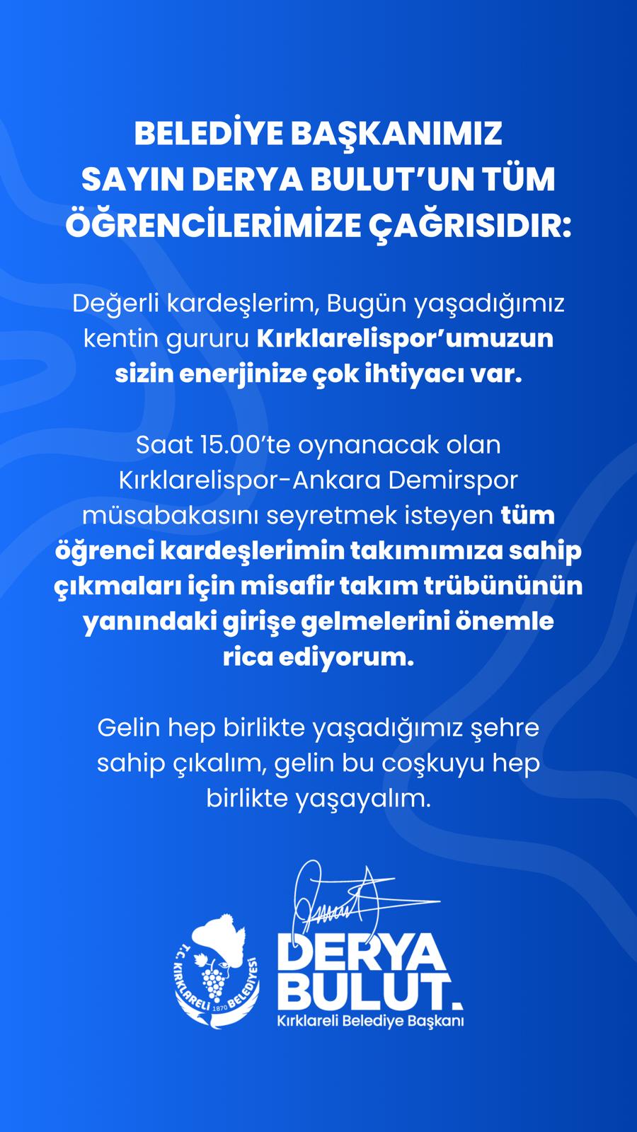 Değerli Gençlerimiz Kırklarelispor'umuzun Sizin Enerjinize Çok İhtiyacı Var